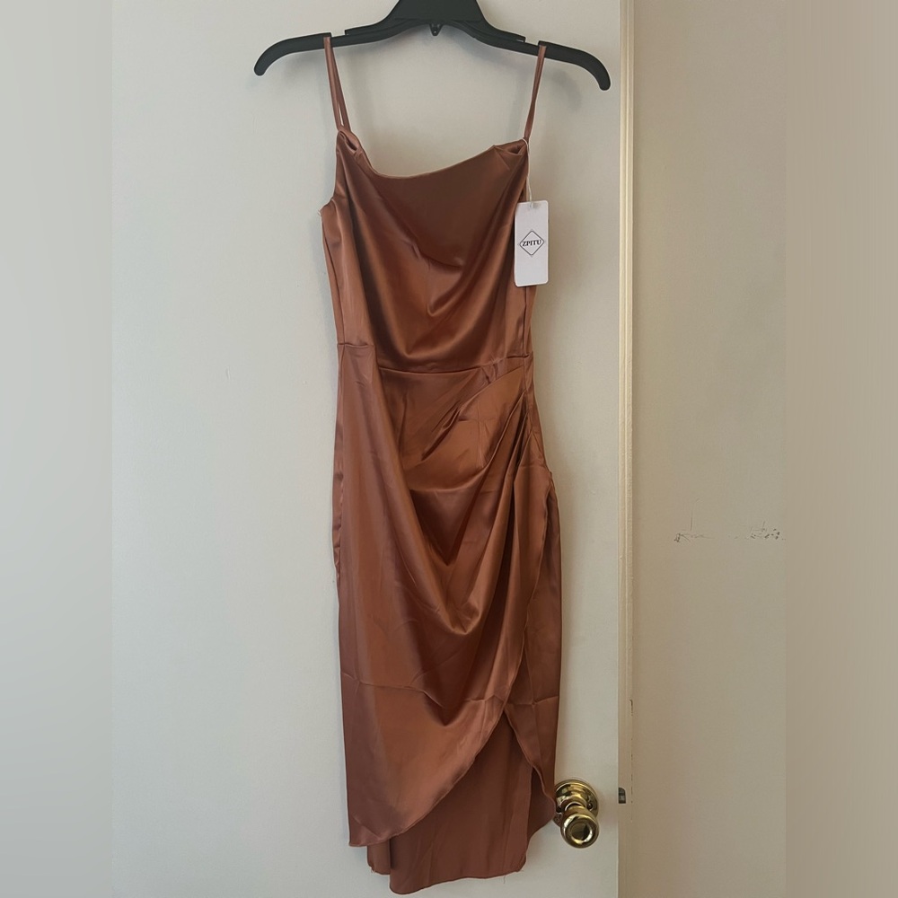 ZPITU satin draped spaghetti strap Small midi with sexy slit, rusty champagne - Picture 8 of 9